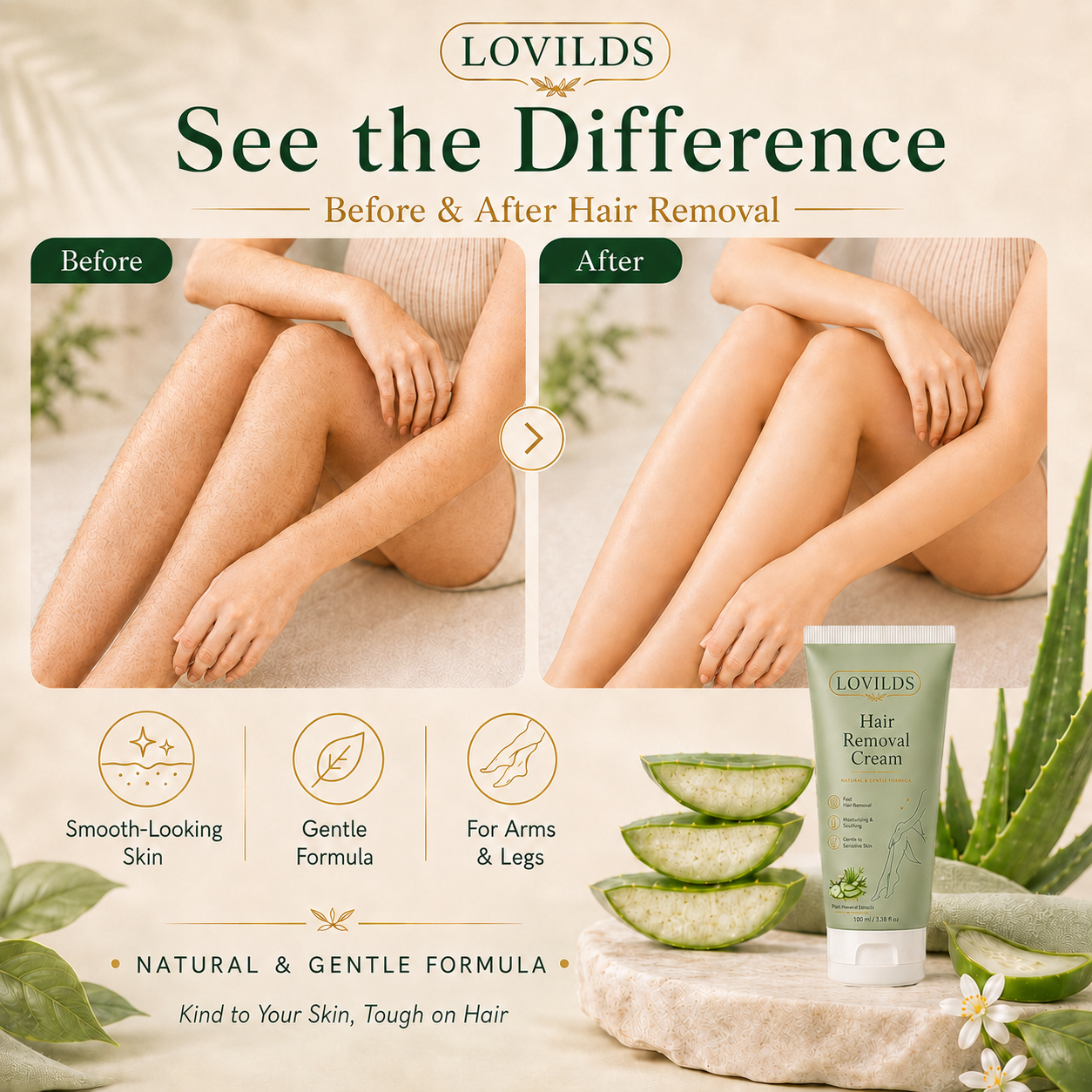 LAST DAY - BUY 1 GET 1 FREE Natural Gentle Hair Removal Cream | For Women & Men, Sensitive Skin