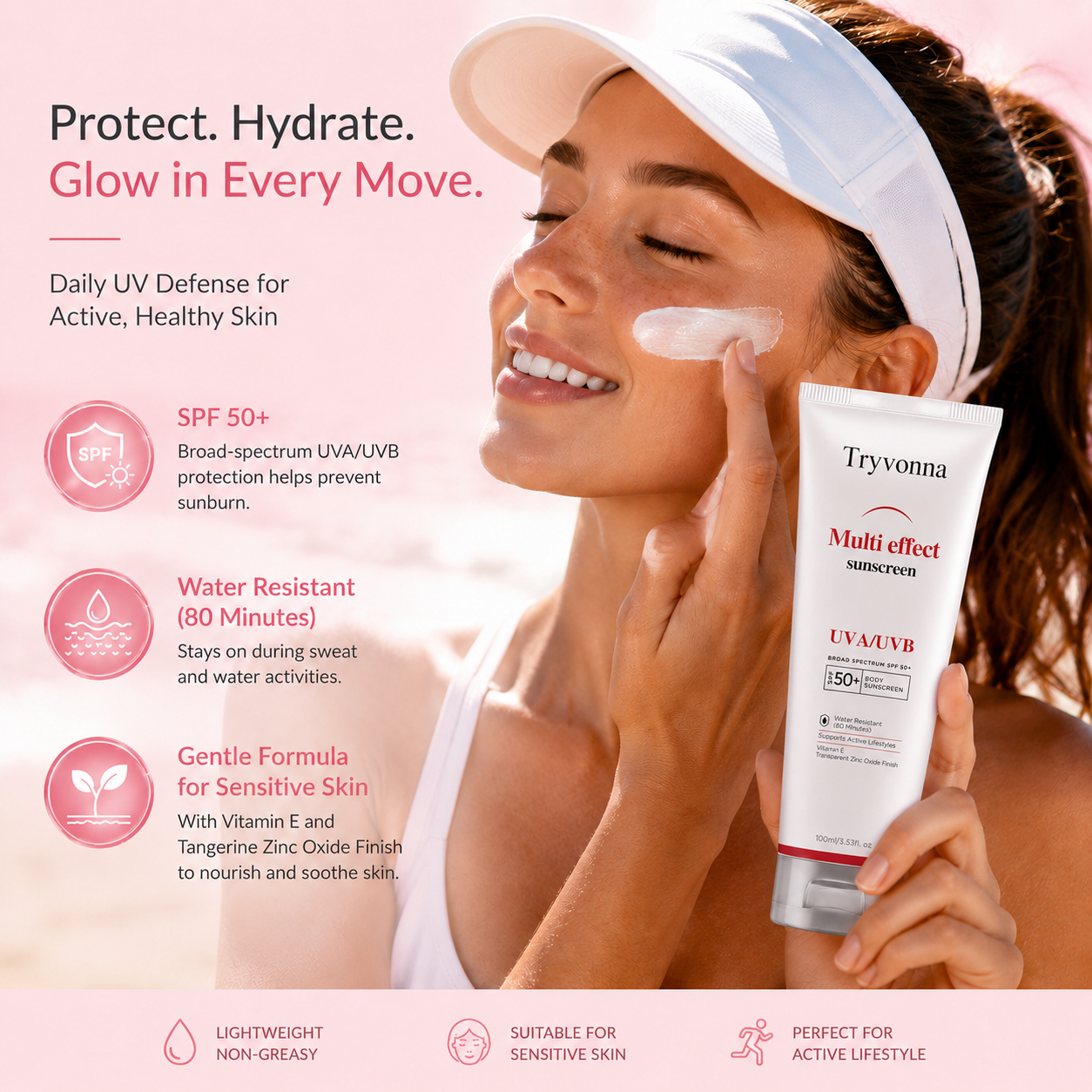 Tryvonna Multi-Effect Sunscreen SPF 50+ – Broad Spectrum UVA/UVB Protection, Water-Resistant, Vitamin E Infused