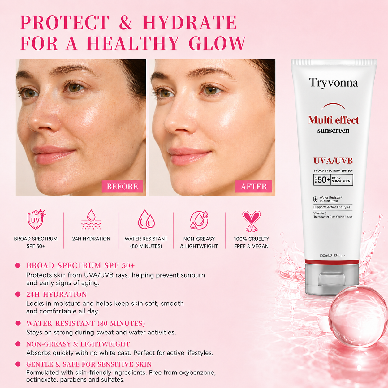 Tryvonna Multi-Effect Sunscreen SPF 50+ – Broad Spectrum UVA/UVB Protection, Water-Resistant, Vitamin E Infused