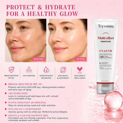 Tryvonna Multi-Effect Sunscreen SPF 50+ – Broad Spectrum UVA/UVB Protection, Water-Resistant, Vitamin E Infused
