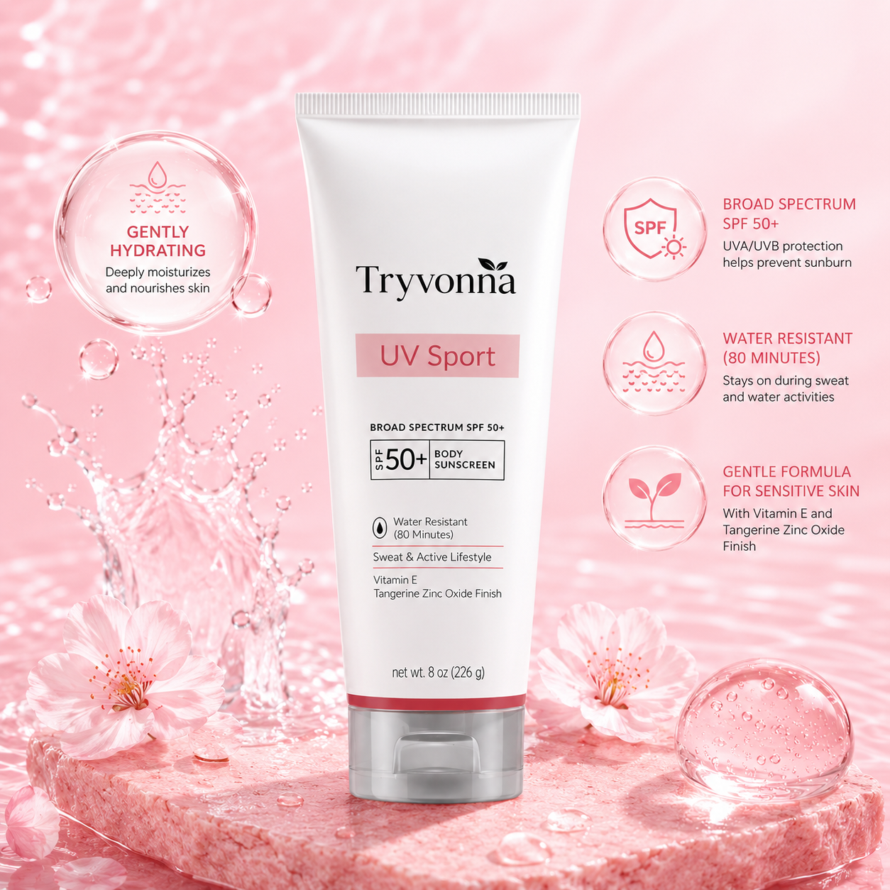 Tryvonna Multi-Effect Sunscreen SPF 50+ – Broad Spectrum UVA/UVB Protection, Water-Resistant, Vitamin E Infused