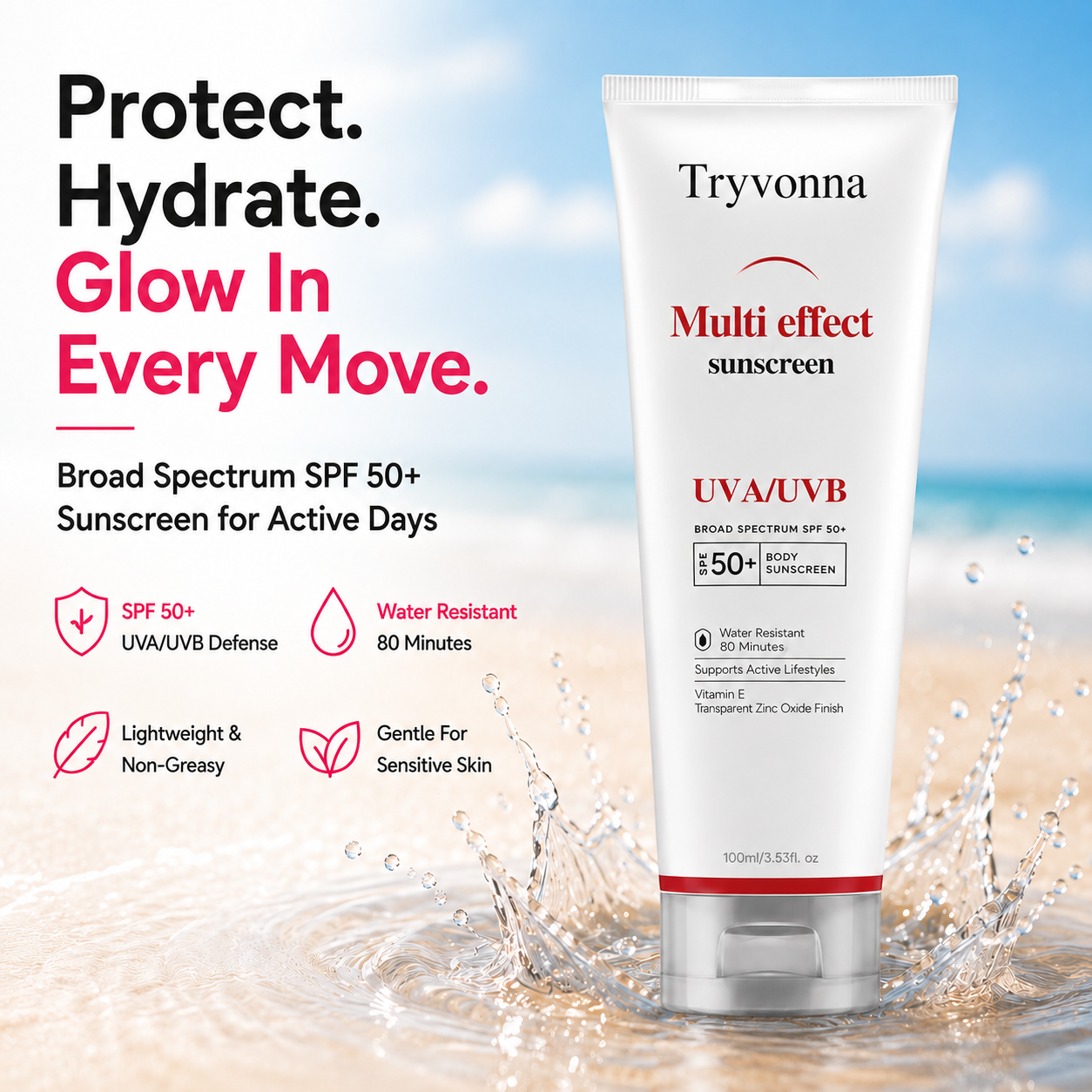 Tryvonna Multi-Effect Sunscreen SPF 50+ – Broad Spectrum UVA/UVB Protection, Water-Resistant, Vitamin E Infused