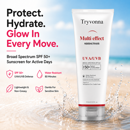 Tryvonna Multi-Effect Sunscreen SPF 50+ – Broad Spectrum UVA/UVB Protection, Water-Resistant, Vitamin E Infused