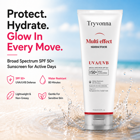Tryvonna Multi-Effect Sunscreen SPF 50+ – Broad Spectrum UVA/UVB Protection, Water-Resistant, Vitamin E Infused