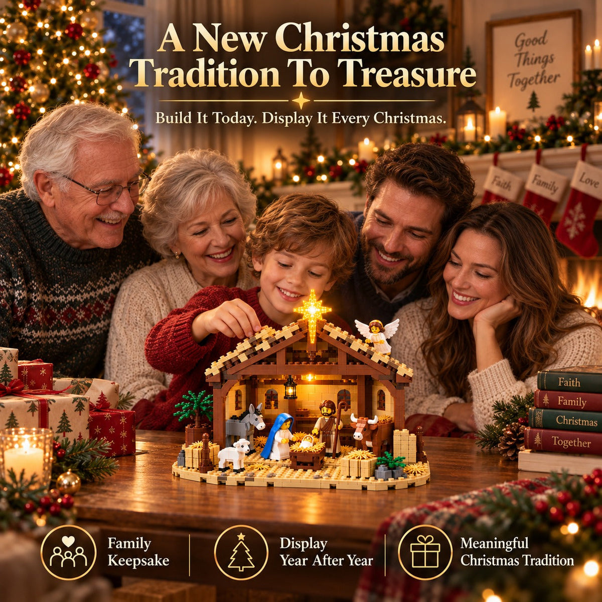 Nativity Story Building Brick Set with Light-Up Bethlehem Star – Christmas Nativity Scene