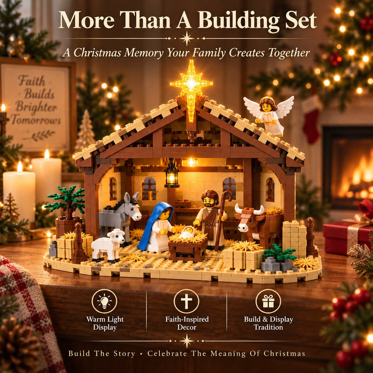 Nativity Story Building Brick Set with Light-Up Bethlehem Star – Christmas Nativity Scene
